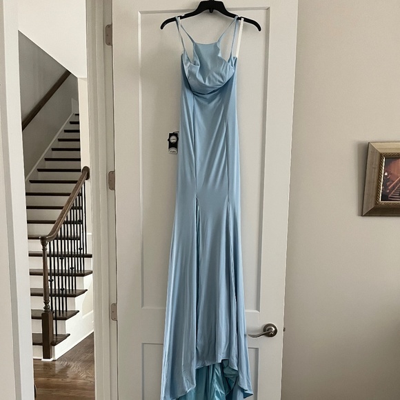 Long Formal Blue Dress (new with tags) Spaghetti Straps, Split-Front, Backless, - Picture 5 of 14